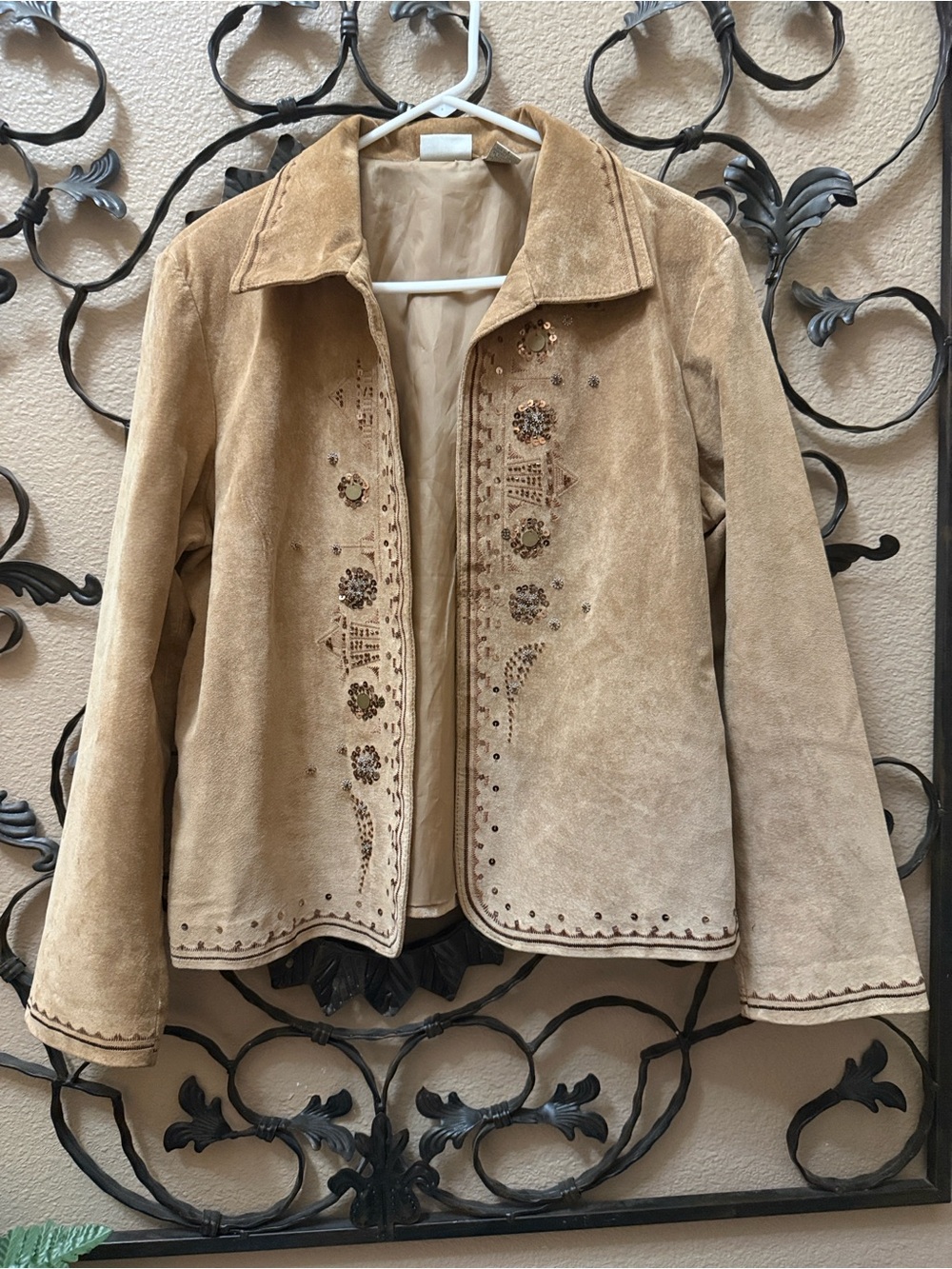 Chico's Embellished Suede like  Jacket in Tan Size 2 / Large